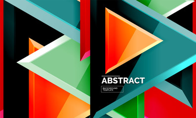 Triangles repetiton geometric abstract background, multicolored glossy triangular shapes, hi-tech poster cover design or web presentation template with copy space