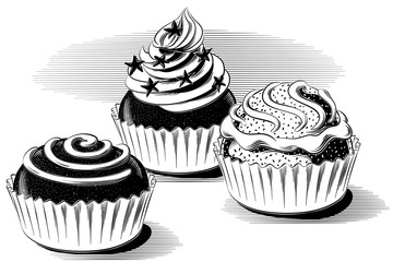 Three cream and chocolate pastries, on a background, in black and white vector.