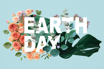 monstera leaves on blue background with flowers illustration and earth day lettering