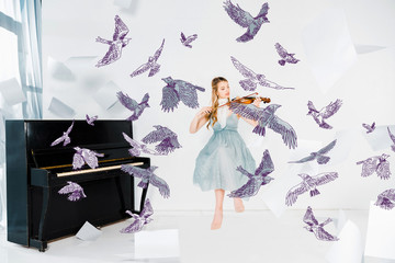 floating girl in blue dress playing violin with birds illustration