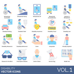 Disability icons including wheelchair accessible, ramp, lift, bus, veteran, disabled parking, toilet, insurance, fraud, law, allowance, retirement, carer, interpreter, visually impaired, braille text.