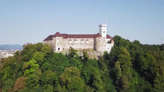 Ljubljana Castle, aerial push towards historic structure in capital of Slovenia