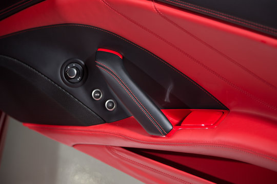 Close up of dual tone leather car door panel