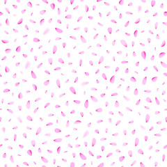 Petals seamless pattern on white isolated background. Floral romantic pink texture concept for fabric, textile, web design, banner, poster, print, wallpaper. Vector illustration.