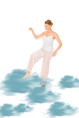 Obraz premium girl in pyjamas levitating with blue cloud illustration
