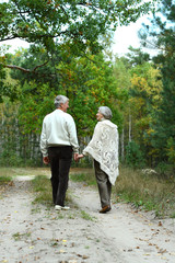 Portrait of senior couple walking in autumn forest