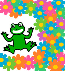 a frog on a glass with many flowers