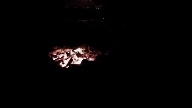 A small campfire burns at night.