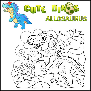 cartoon cute prehistoric dinosaur Allosaurus, funny illustration