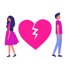 Couple with broken heart. Man and woman quarrel. Troubles in relationships. Vector flat illustration.