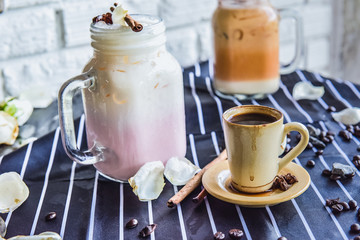 Espresso cup on the background of coffee machines, black coffee morning on coffee maker