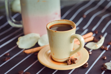 Espresso cup on the background of coffee machines, black coffee morning on coffee maker