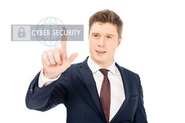 successful businessman in suit pointing with finger at cyber security illustration on white background
