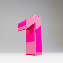 Giant 3D number 1. Rendered glossy pink font isolated on white background.