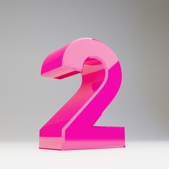 Giant 3D number 2. Rendered glossy pink font isolated on white background.