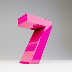 Giant 3D number 7. Rendered glossy pink font isolated on white background.