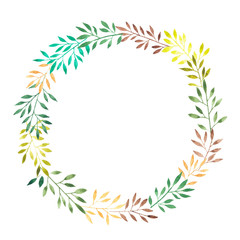 Watercolor wreath of plants and branches of various colors