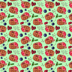 Sweet dessert, Belgian Waffles with fresh berries,  seamless pattern, hand drawn watercolor on turquoise