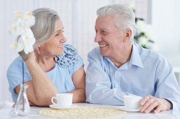 Close-up portrait of happy senior couple at home