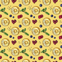 Sweet donut with fresh berries, seamless pattern, hand drawn watercolor on yellow