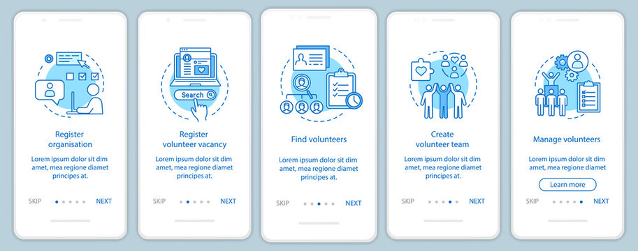 Volunteers finding onboarding mobile app page screen with linear concepts