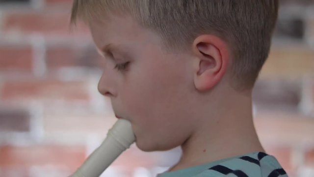 Little Boy Playing The Flute At Home