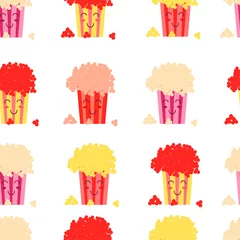 Fototapeten Seamless vector pattern of colored buckets popcorn. Cheerful popcorn print. Delicious sweet snack. Nice popcorn. The pattern for the cinema. White background © Тереса Пономарева
