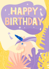 Fun, colorful and original birthday greetings with cute unicorn and tropical leaves. Posrcard for birthday; anniversary; party invitations; scrapbooking. Vector illustration