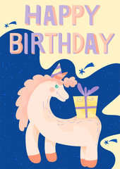 Fun, colorful and original birthday greetings with cute unicorn and gift. Postcard for birthday; anniversary; party invitations; scrapbooking. Vector illustration