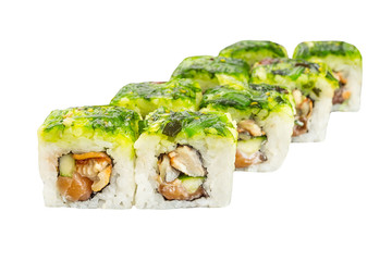 Classical roll sushi with salmon, smoked eel and avocado isolated on white background for menu. Japanese food