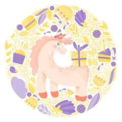 illustration with cute Unicorn and gifts in magical world. Cartoon unicorn. Vector illustration.