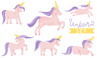 vector set  of different cute unicorns, flat graphic style.