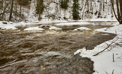 Dark water flows fast in the river in springtime