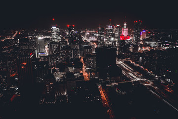 Warsaw night aerial city traffic with skyline scrapers with beautiful colours