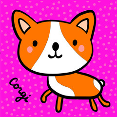Corgi hand drawn illustration on pink font cartoon style