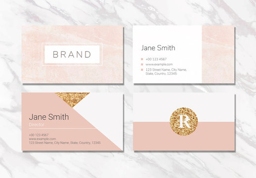 Business Card Layouts with Pink and Gold Accents