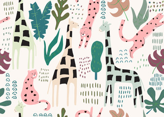 Fototapety  Jungle seamless pattern. Animal print with giraffe and pink leopard in hearts. Summer background. Vector illustration