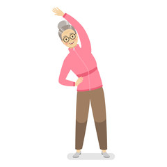 Happy grandmother in a pink sports sweater and brown pants involved in sports. Flat vector illustration.