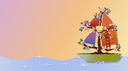 happy beautiful paper art graphic illustration of  seascape with blossom vessel sailing at dawn background in conceptual of successful and bright future 