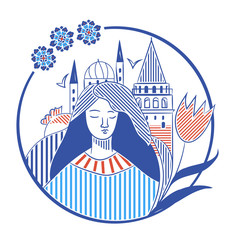 Istanbul city promotion vector illustration with Galata tower, turkish tulip and a girl. Istanbul travel icon.