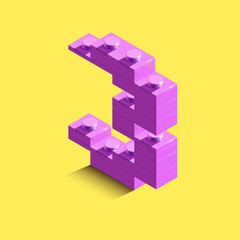 3d isometric pink number Three from brick on yellow background. 3d number from building bricks. Realistic number