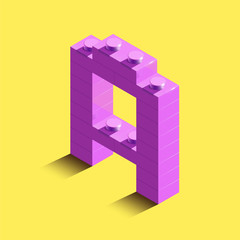 Realistic pink 3d isometric letter A of the alphabet from constructor bricks. Pink 3d isometric plastic letter from the   building blocks.3d letters