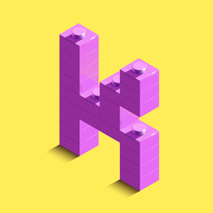 Fototapeta premium Realistic pink 3d isometric letter K of the alphabet from constructor bricks. Pink 3d isometric plastic letter from the building blocks.3d letters