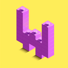 Realistic pink 3d isometric letter W of the alphabet from constructor bricks. Pink 3d isometric plastic letter from the   building blocks.3d letters