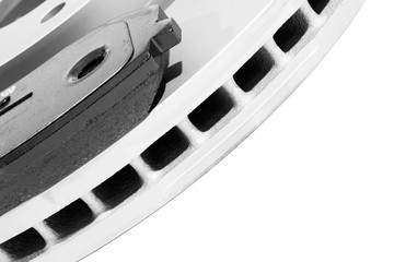 Brake discs and brake pads isolated on white background. Auto parts. Brake disc rotor isolated on...