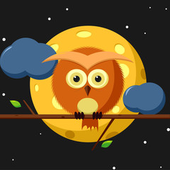 owl sitting on a branch on the background of the full moon