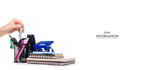 Stationery set in stand notebook diary in hand pattern on a white background. Isolation