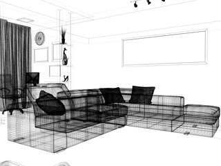 modern interior of living room, 3 d rendering