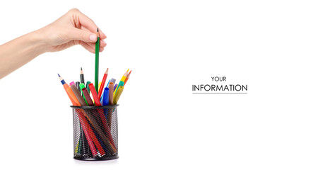 Naklejka premium Stand for pencils colour pencils markers in hand pattern on white background isolation