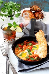 Shakshuka, fried eggs with Tomato Sauce.Breakfast 